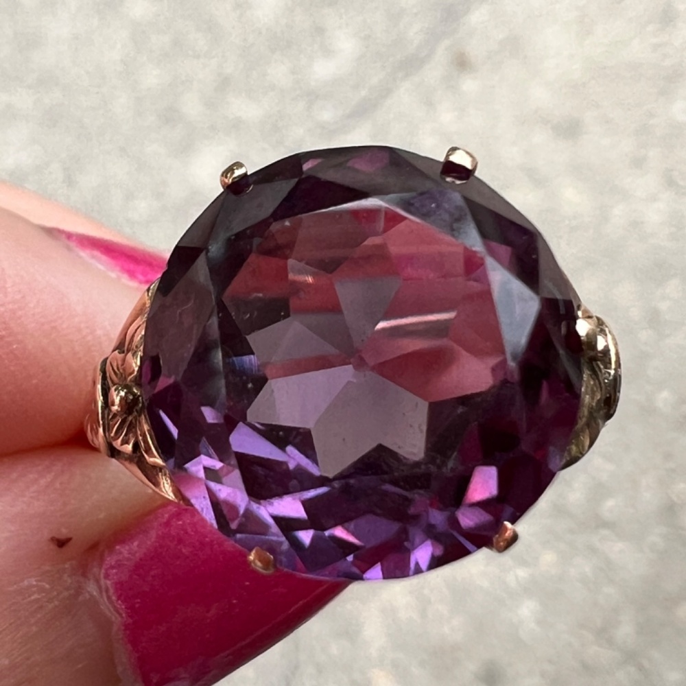 VINTAGE 14K YELLOW GOLD PURPLE COLOR CHANGE SAPPHIRE ALEXANDRITE FLOWER RING - Picture 16 of 16
